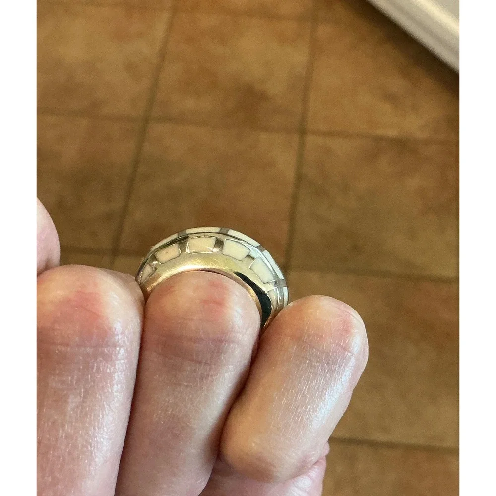 Chunky Stainless Steel Ring White‎ Brick Pattern Statement Band Size 7